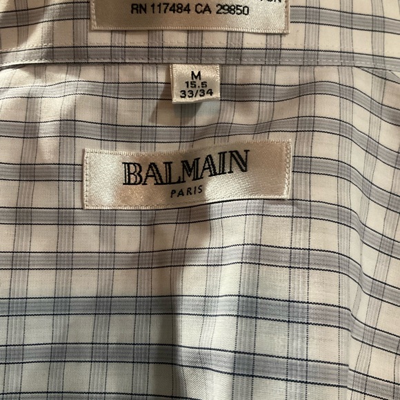 “BALMAIN” PARIS Men’s Checkered White and Grey 3/4 Sleeve Button Up Shirt. - Picture 6 of 7